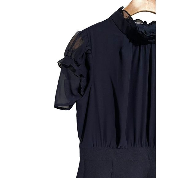 Vince Camuto Mini Dress Womens Size 8 Navy Blue Short Sleeve Mock Neck Ruffle - Picture 2 of 10